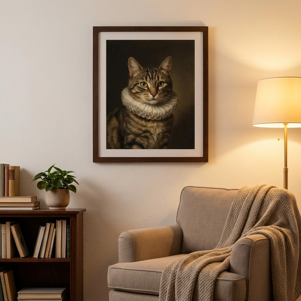Gerahmtes Katzenporträt über Leseecke